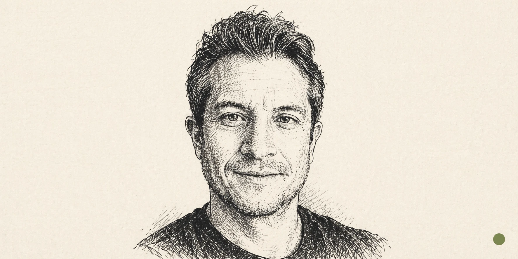 Ink portrait of JP Bedoya rendered in fine pen-and-ink linework on warm cream paper.