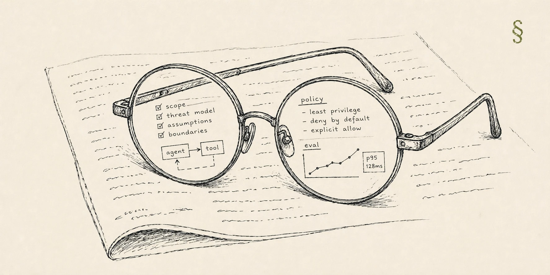 A pair of round reading glasses rests on an open page. Through the lenses, tiny diagrammatic annotations about scope, threat model, policy, and evaluation come into focus. A small section-mark sits in the top-right.