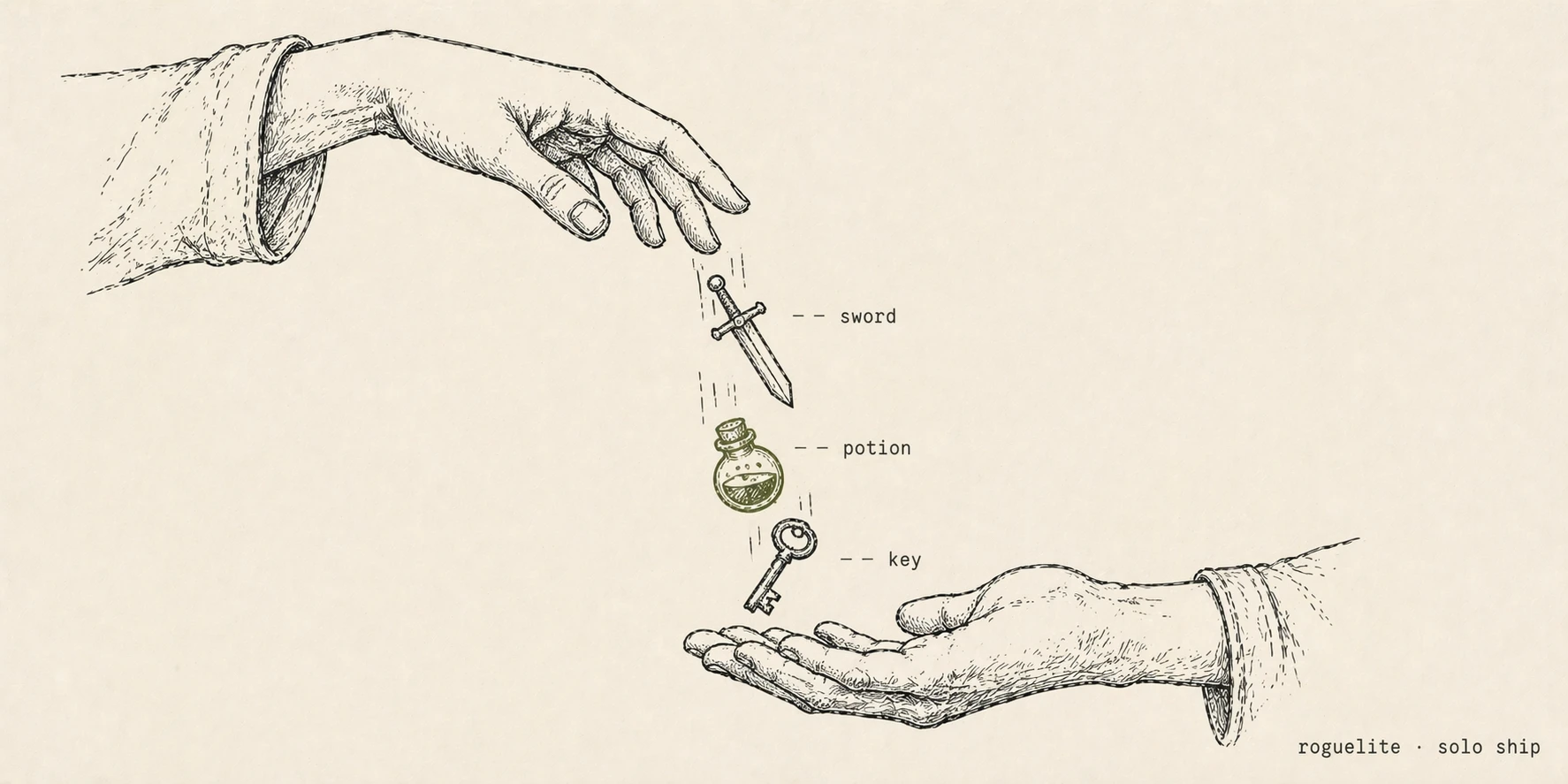 Two hands reach toward each other across the canvas. The upper hand drops three objects mid-fall — a sword, a potion in olive, and a key. The lower hand waits palm-up to catch them.